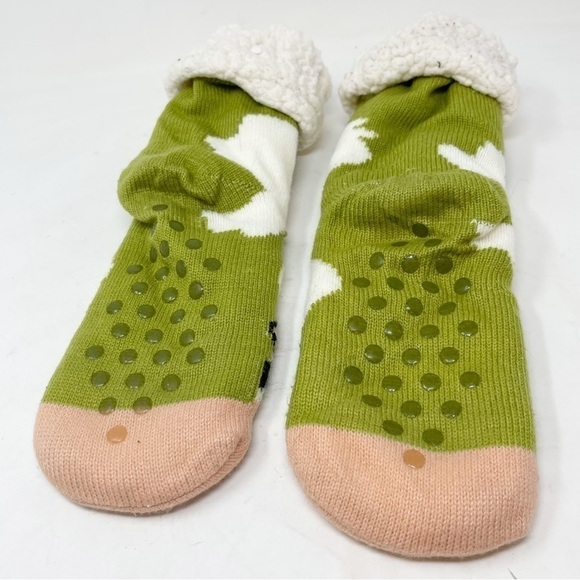 Multicolor COW Knit Green Pink Ivory Bootie Slippers Faux Shearling Lining OS - Picture 2 of 4